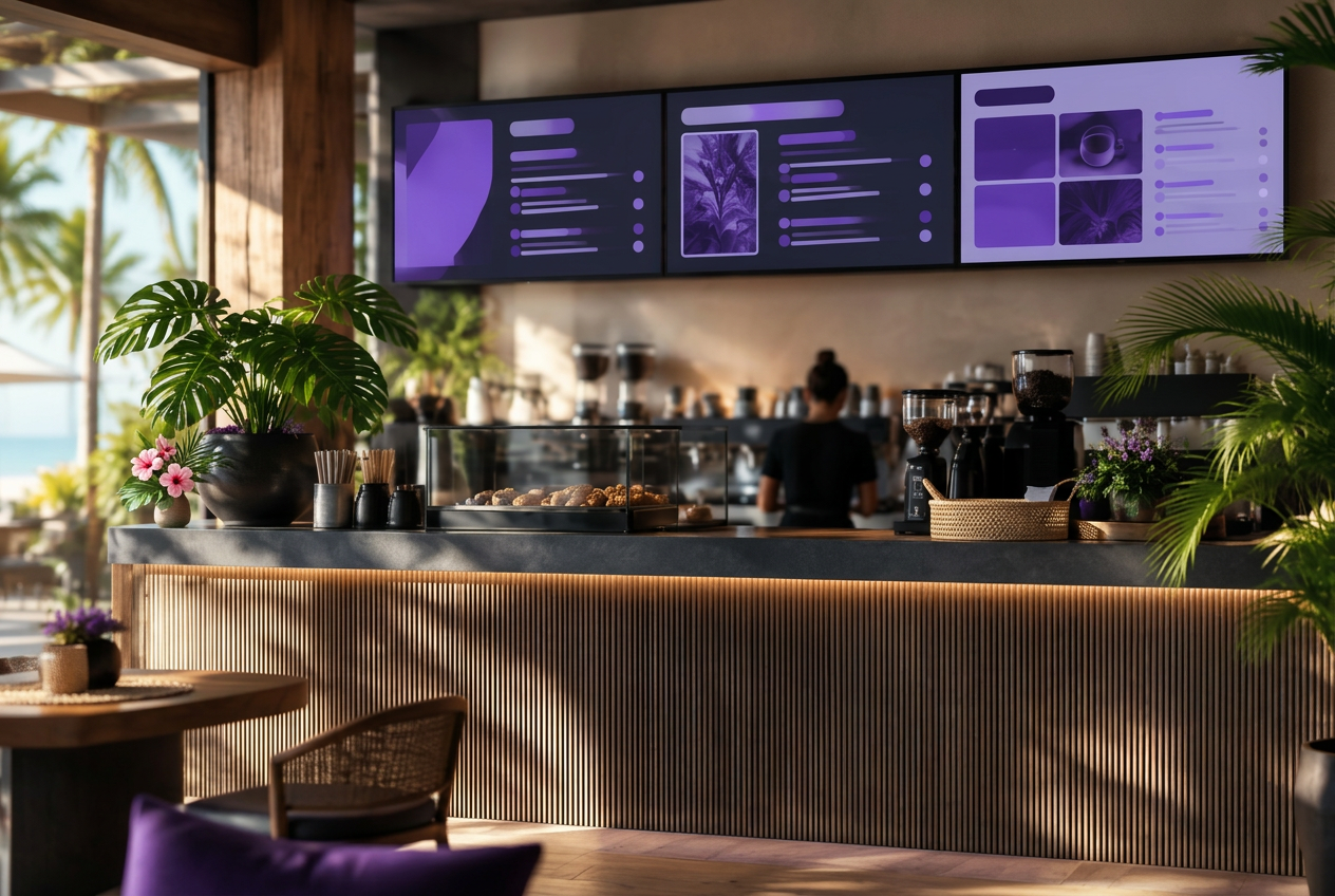 Thai café counter with a digital menu board